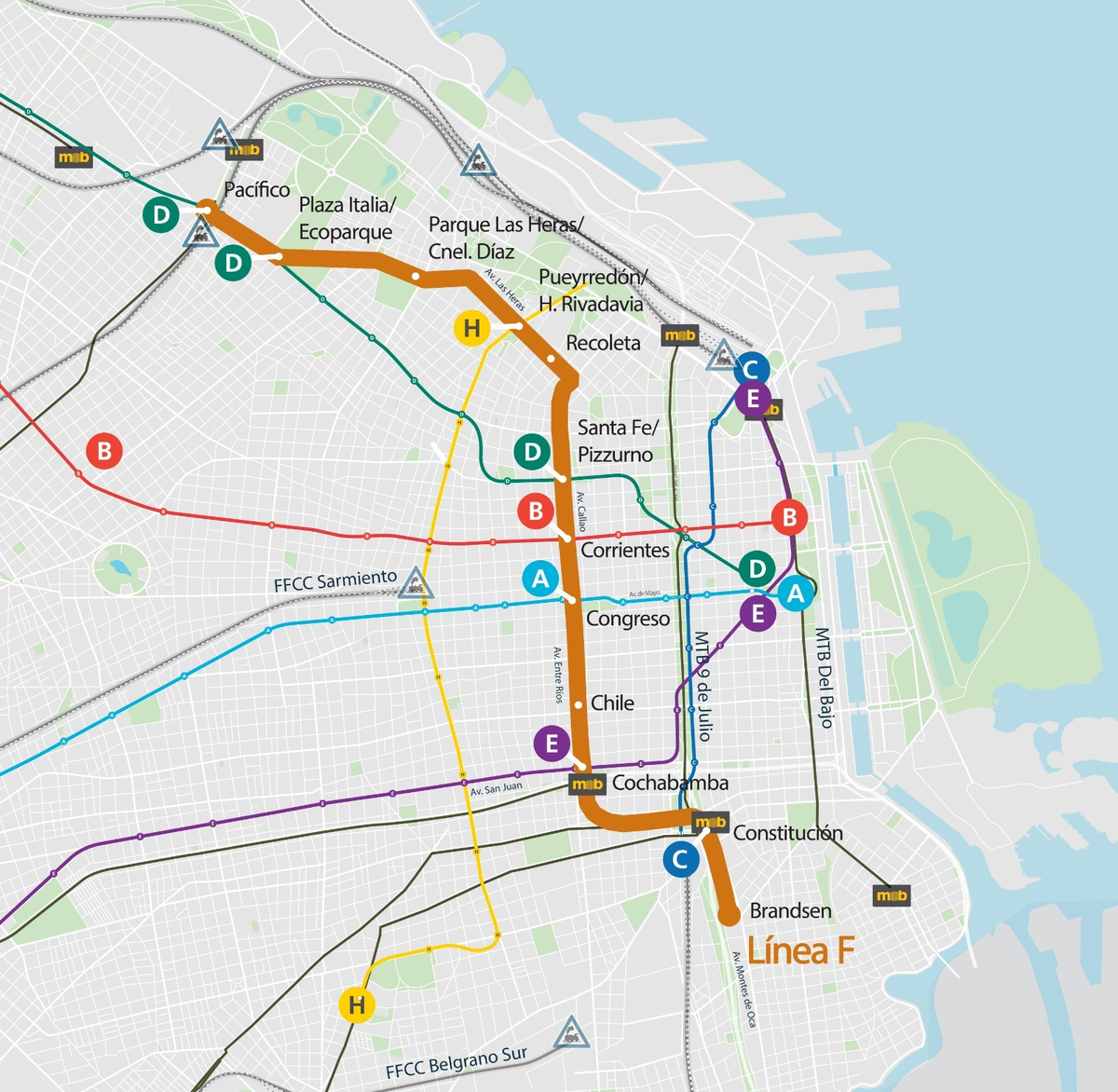 Línea F de subte y su recorrido. (Foto: Gobierno de la Ciudad de Buenos Aires). Línea F de subte y su recorrido. (Foto: Gobierno de la Ciudad de Buenos Aires).