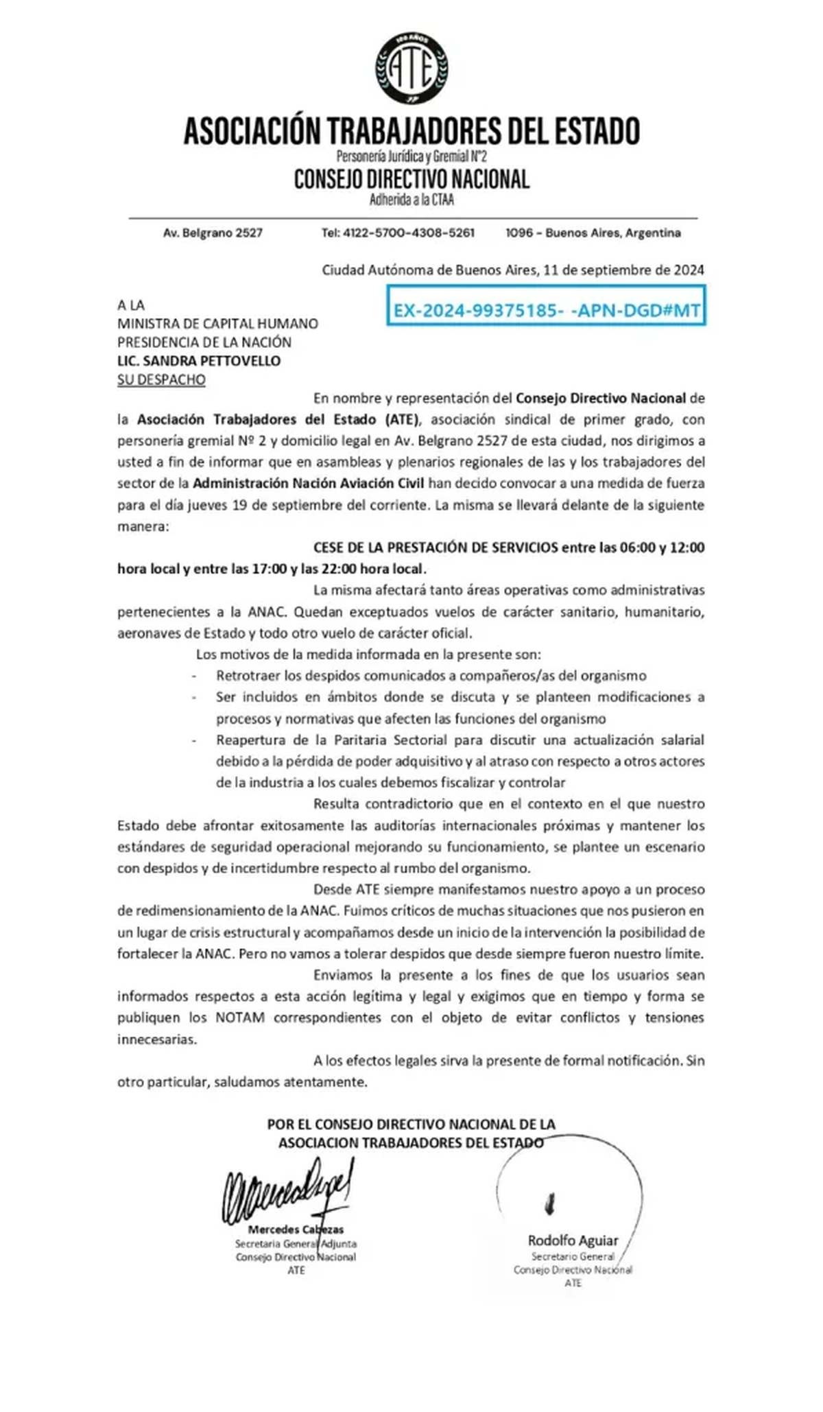 El anuncio del paro de ATE a la ministra Pettovello. El anuncio del paro de ATE a la ministra Pettovello.