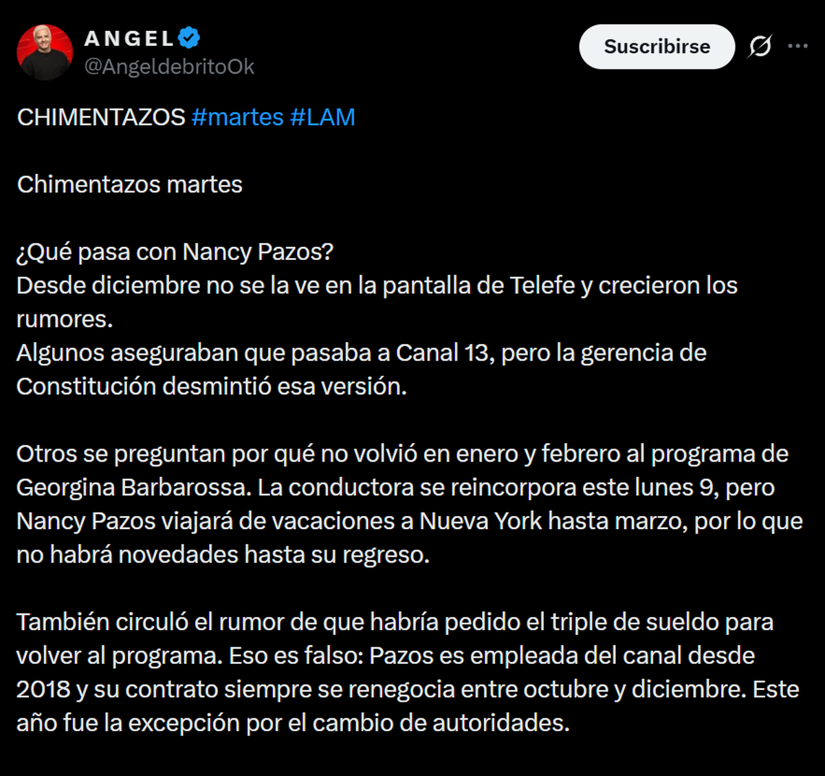 Nancy Pazos no falta por un tema salarial sino porque no quiere trabajar con Robertito Funes Ugarte ni Mariana Brey. Telefe enfría definiciones mientras ella estira su ausencia hasta marzo con viaje incluido. Nancy Pazos no falta por un tema salarial sino porque no quiere trabajar con Robertito Funes Ugarte ni Mariana Brey. Telefe enfría definiciones mientras ella estira su ausencia hasta marzo con viaje incluido.
