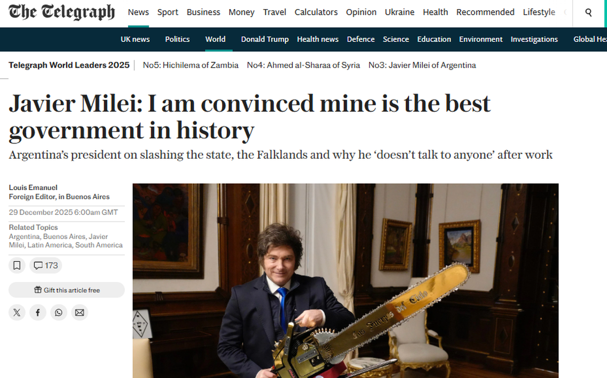 Javier Milei en The Telegraph, donde aseguró que había negociaciones con el Reino Unido para desarmar el embargo en la compra de armas. Javier Milei en The Telegraph, donde aseguró que había negociaciones con el Reino Unido para desarmar el embargo en la compra de armas.