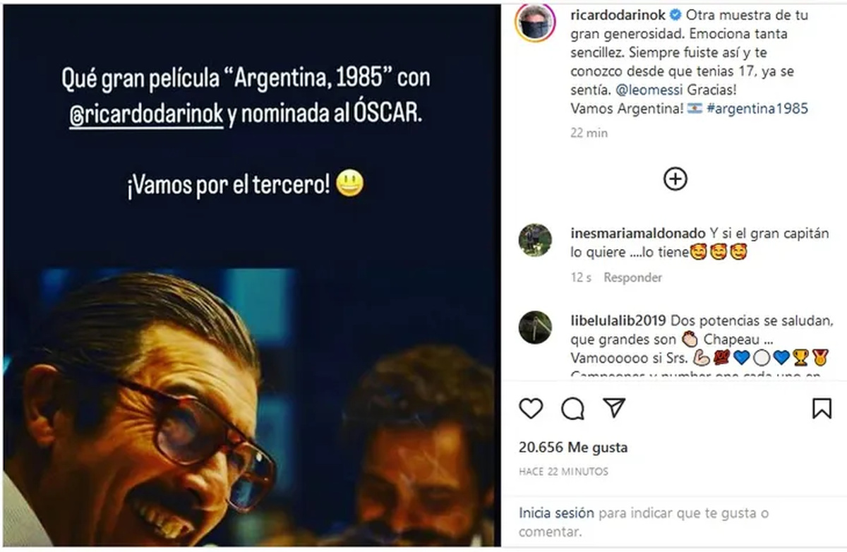 Ricardo Darín le dedicó un posteo a Messi agradeciendo sus elogios.