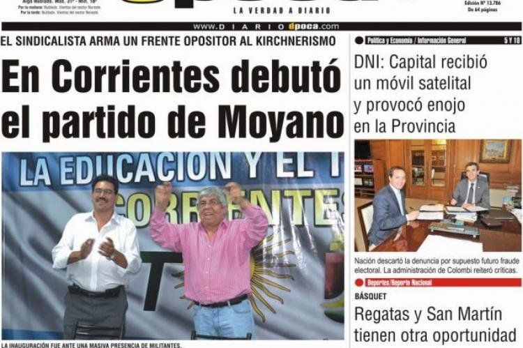 Portada del diario Época, de la ciudad de Corrientes, 27/04/2013.