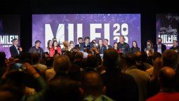 Javier Milei en su búnker, en la noche la victoria en las PASO.&nbsp;