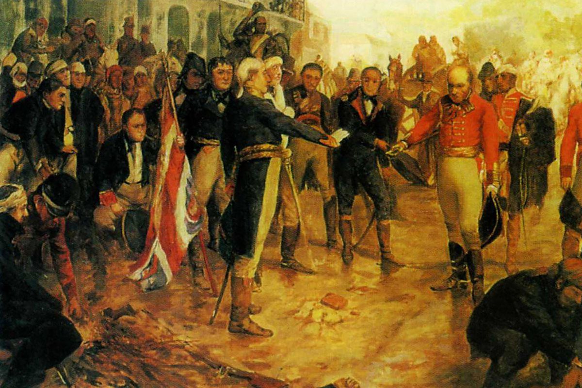 Los ingleses se rinden ante Santiago de Liniers, años después fusilado por su lealtad al Rey. Todo ridículo.