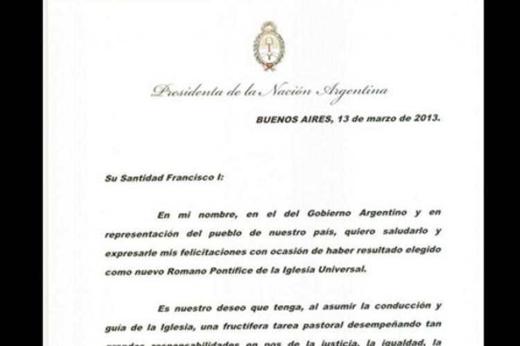 Imagen de la carta que Cristina envió al nuevo Papa.