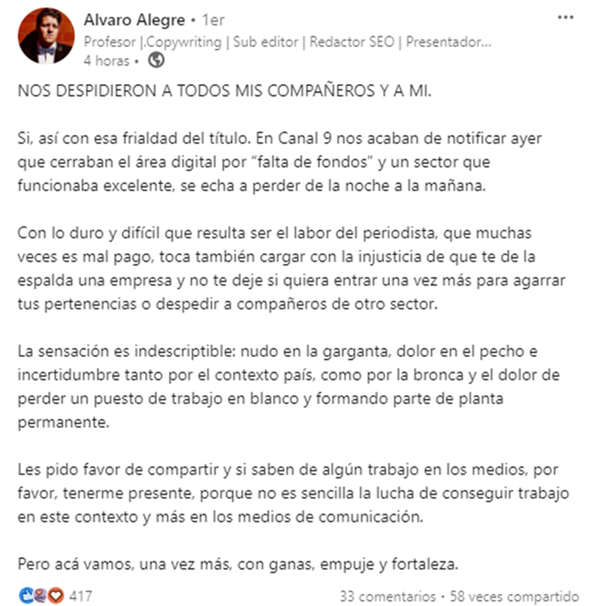 El posteo de Álvaro Alegre en LinkedIn. El posteo de Álvaro Alegre en LinkedIn. 