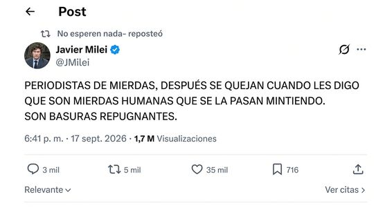 Posteo del Presidente de la República Argentina el 18/09/2026.