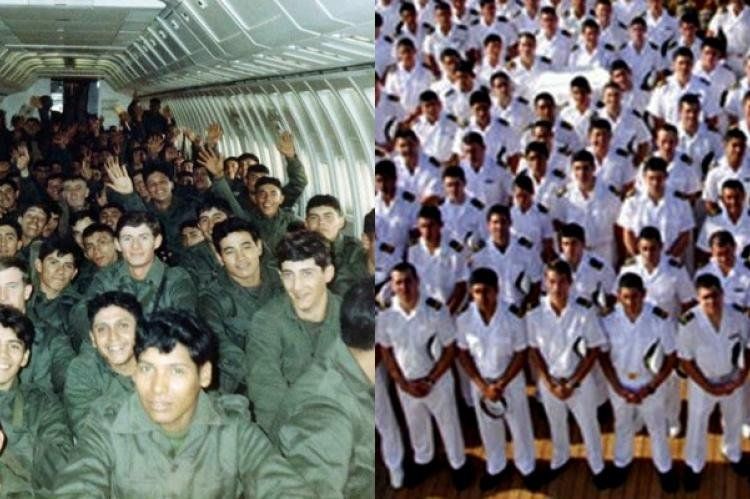 De un lado los combatientes de Malvinas en 1982, del otro los marinos de la Fragata Libertad en 2012.