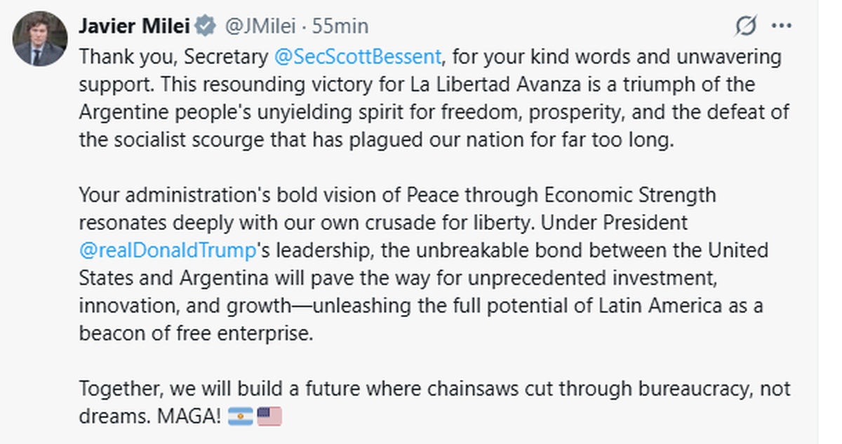 El agradecimiento de Javier Milei a Donald Trump y Scott Bessent. El agradecimiento de Javier Milei a Donald Trump y Scott Bessent.