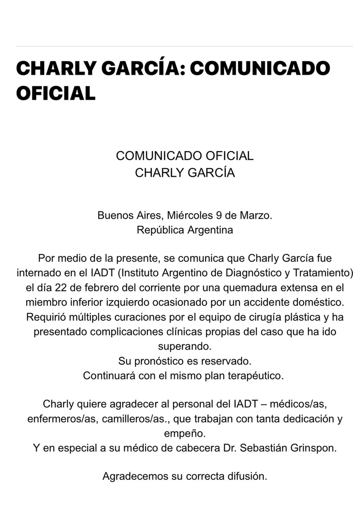 El comunicado de salud emitido por el IADT.