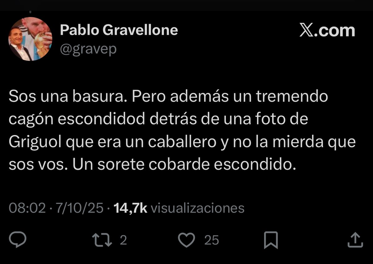 ¿Doble vara de Gravellone? Van apareciendo capturas de insultos del periodista, que dice que hay que ser profesional 24/7 pero luego mantiene intercambios semejantes en redes sociales. Además, borró los tweets. ¿Doble vara de Gravellone? Van apareciendo capturas de insultos del periodista, que dice que hay que ser profesional 24/7 pero luego mantiene intercambios semejantes en redes sociales. Además, borró los tweets.