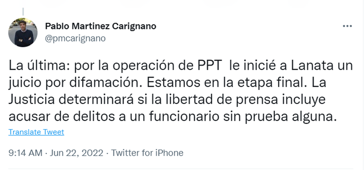 El tuit del funcionario que dio cuenta del juicio iniciado contra Jorge Lanata.