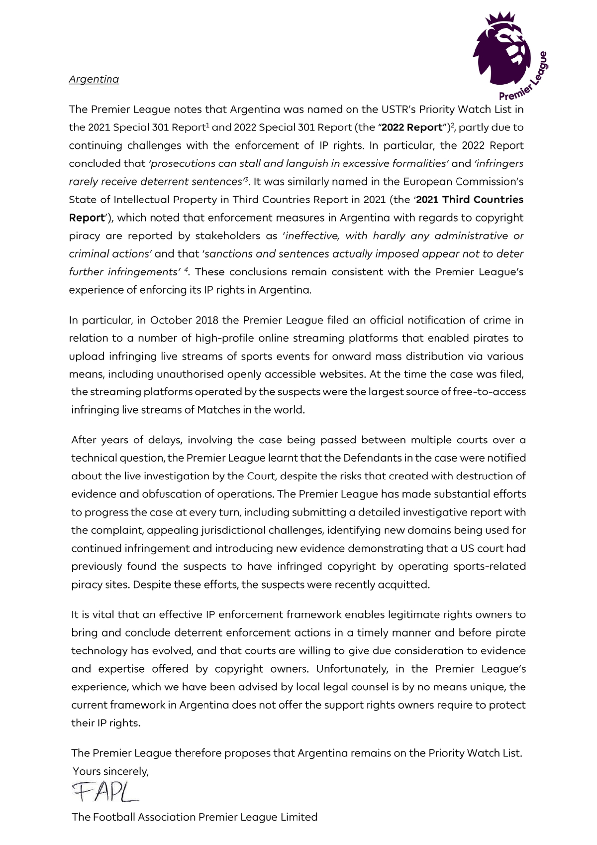 Carta de la Premier League.