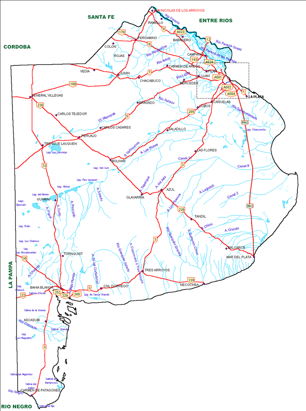 Mapa de las rutas nacionales que atraviesan la provincia de Buenos Aires Mapa de las rutas nacionales que atraviesan la provincia de Buenos Aires