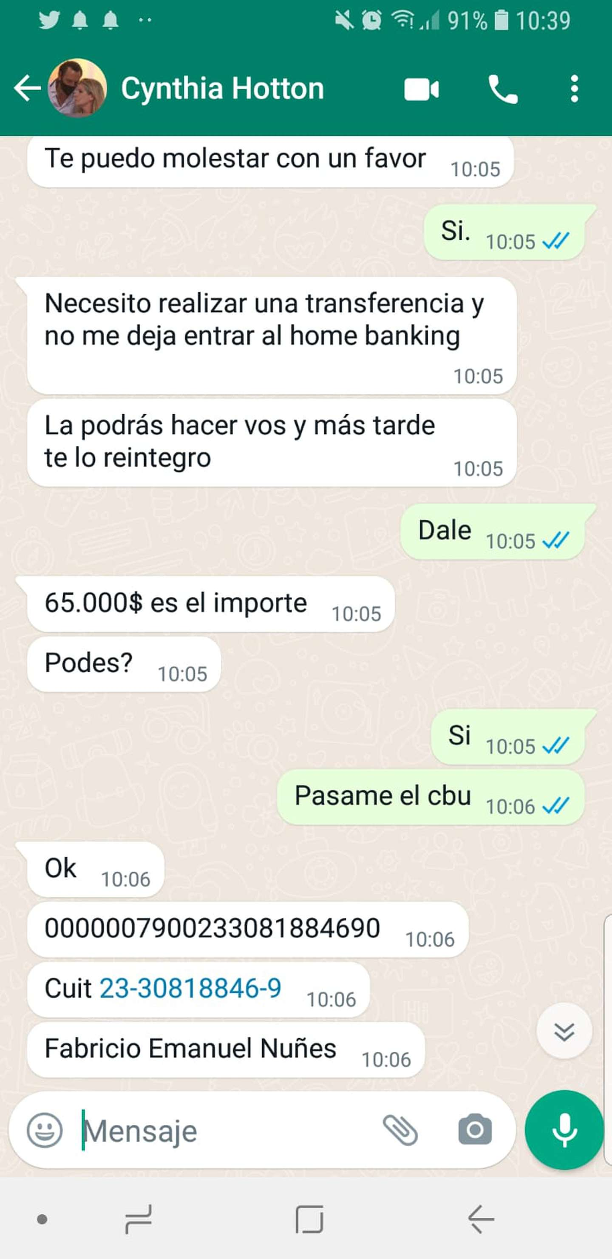 El chat de WhatsApp de Cynthia Hotton, que evidenciaba el paso a paso para llevar a cabo dicha estafa.