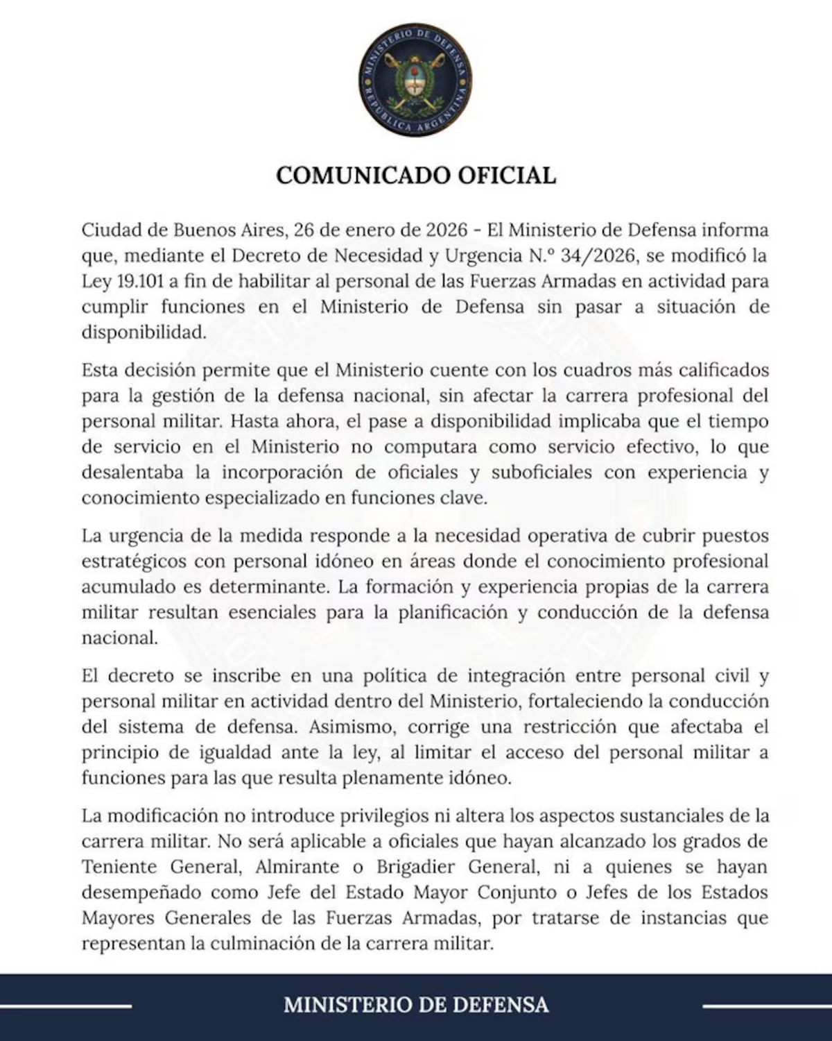 La explicación del Gobierno de Javier Milei sobre los primeros cambios en la Ley del Personal Militar para permitir que los uniformados ocupen cargos públicos en el Estado. La explicación del Gobierno de Javier Milei sobre los primeros cambios en la Ley del Personal Militar para permitir que los uniformados ocupen cargos públicos en el Estado.
