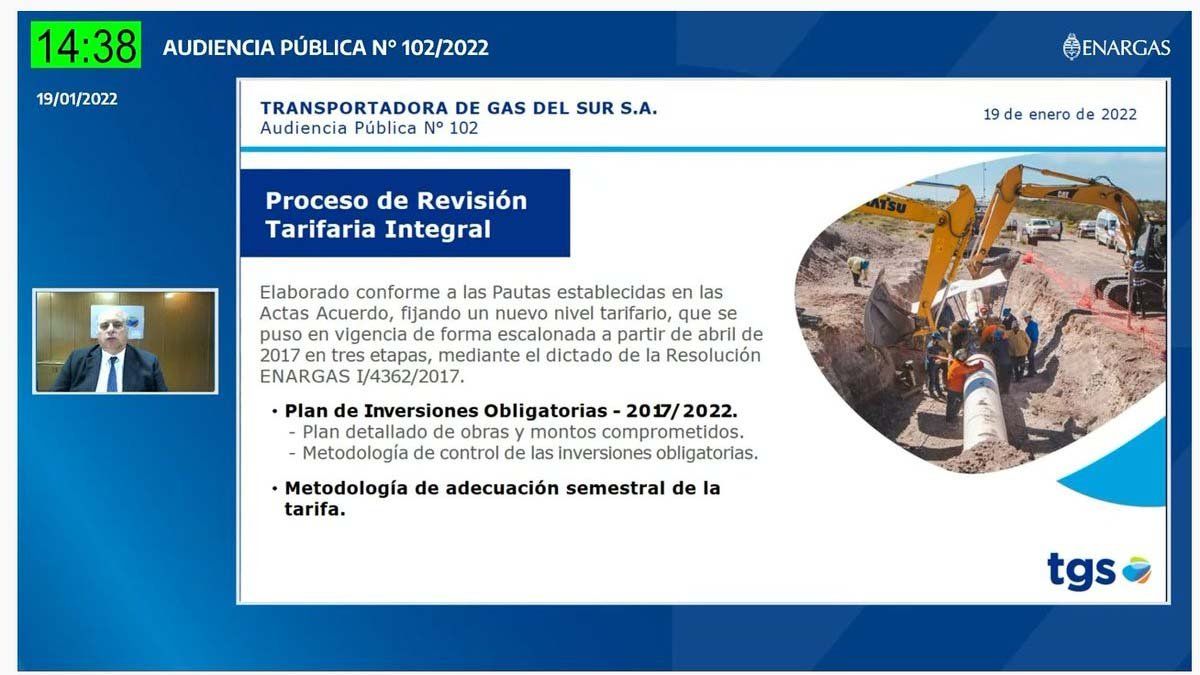 La presentación de TGS en la audiencia pública porel aumento en las tarifas del gas.