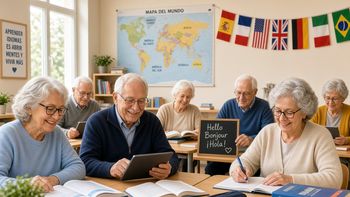 Adultos mayores estudiando lenguas, según Grok.