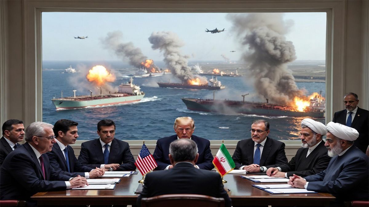 Trump negocia con iraníes en mesa; al fondo, ataque con barcos en llamas y explosiones en el Estrecho de Ormuz. Trump negocia con iraníes en mesa; al fondo, ataque con barcos en llamas y explosiones en el Estrecho de Ormuz.