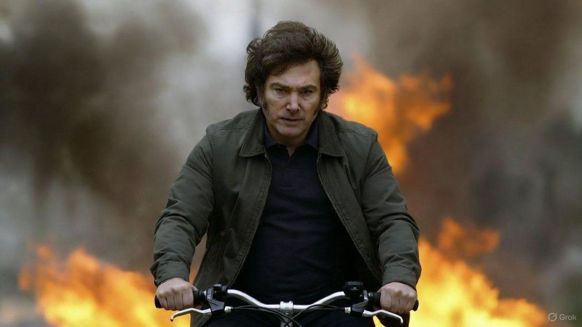 Javier Milei en su bicicleta (financiera), destruyendo industria y empleos.