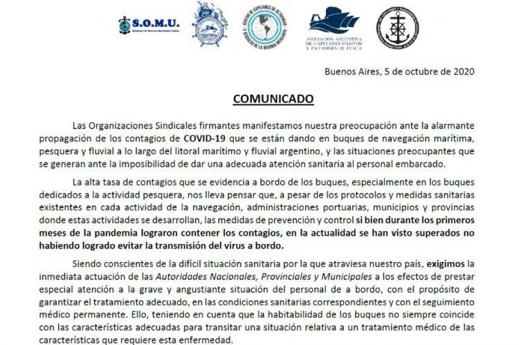 El comunicado de los 5 sindicatos marítimos por los contagios en los buques