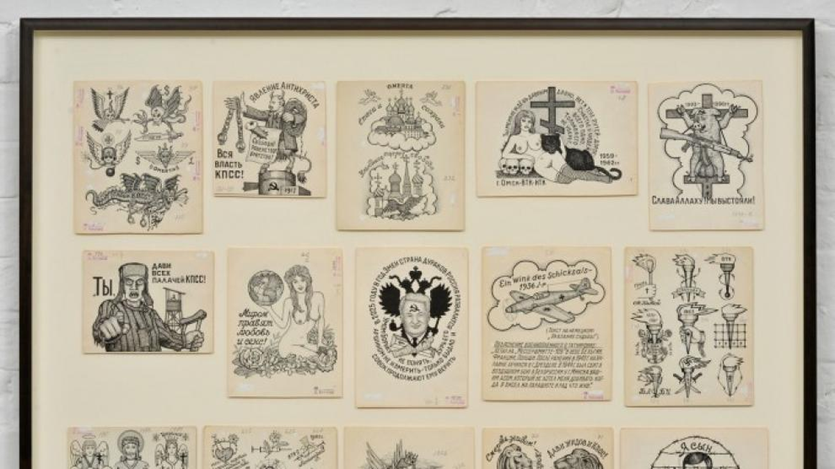 ilustraciones a mano alzada de los tatuajes en reos. Era patrimonio del fallecido guardia penitenciario Danzig Baldaev.