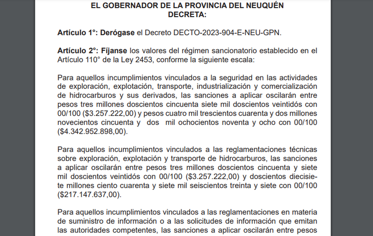 El gobernador Rolando Figueroa y el ministro de Energía, Gustavo Medele, firmaron el Decreto N° 53, que actualiza el régimen sancionatorio previsto en la Ley 2453. El gobernador Rolando Figueroa y el ministro de Energía, Gustavo Medele, firmaron el Decreto N° 53, que actualiza el régimen sancionatorio previsto en la Ley 2453.