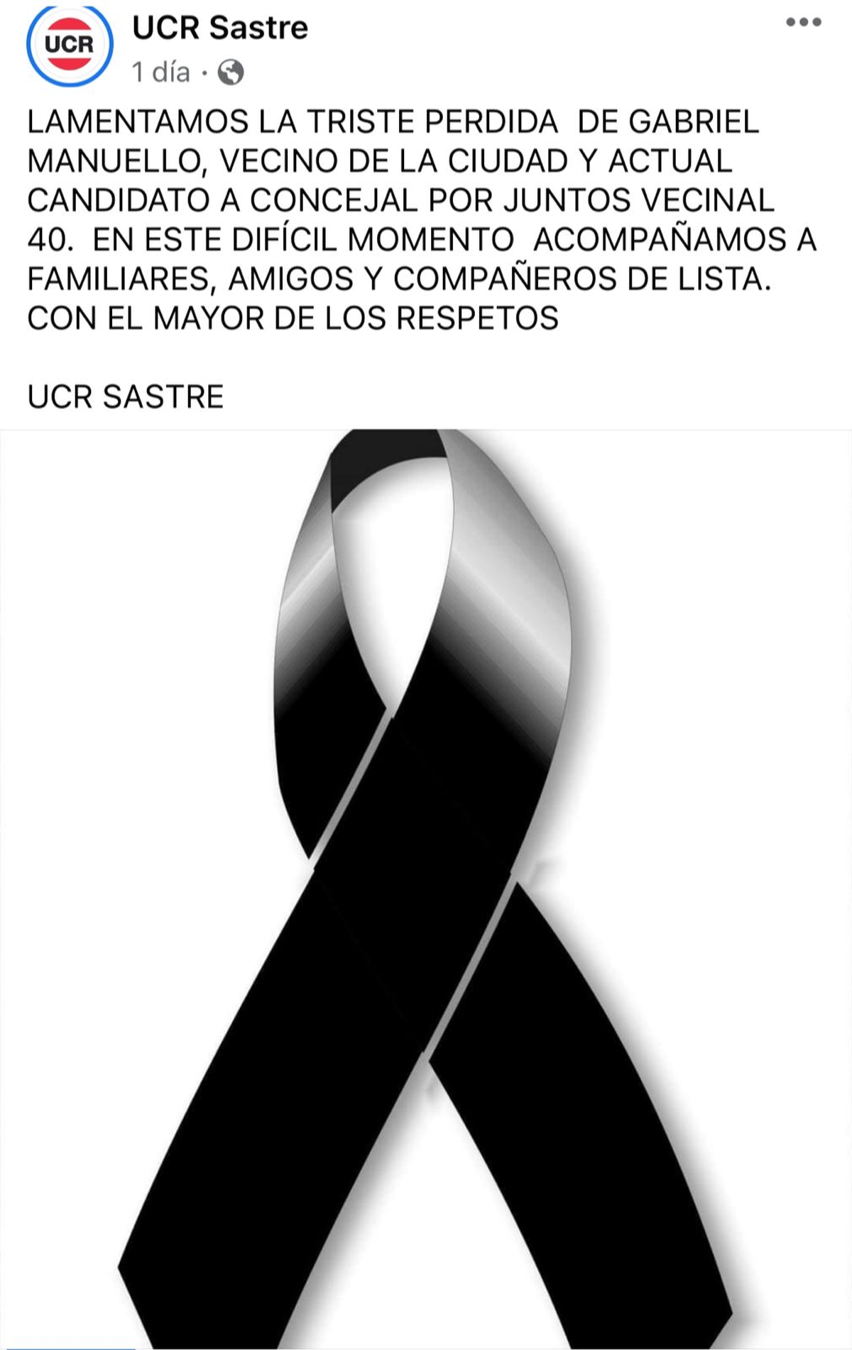 El mensaje de la UCR Sastre tras el fallecimiento de Gabriel Manuello.