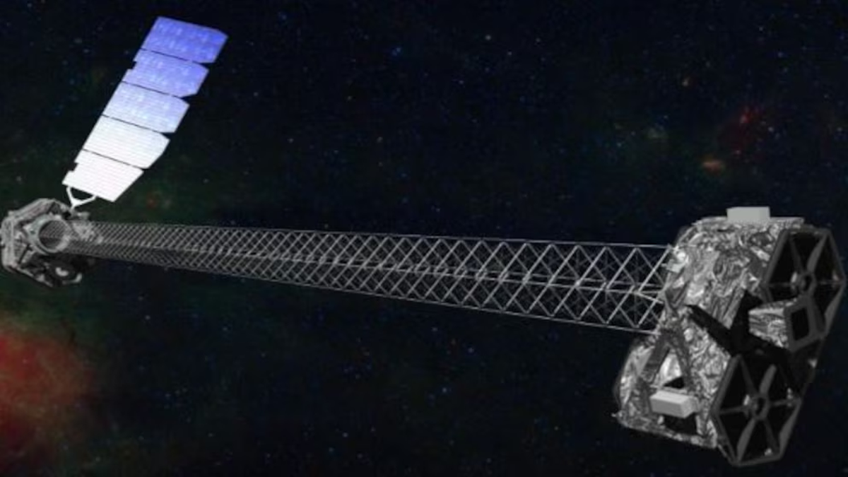 Ilustración de la nave espacial NuSTAR, que tiene un mástil de 30 pies (10 metros) que separa los módulos ópticos (derecha) de los detectores en el plano focal (izquierda). Esta separación es necesaria para el método utilizado para detectar rayos X. Crédito: NASA/JPL-Caltech Ilustración de la nave espacial NuSTAR, que tiene un mástil de 30 pies (10 metros) que separa los módulos ópticos (derecha) de los detectores en el plano focal (izquierda). Esta separación es necesaria para el método utilizado para detectar rayos X. Crédito: NASA/JPL-Caltech