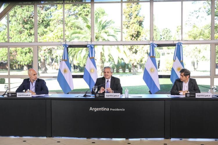 El jefe de Gobierno porteño, Horacio Rodríguez Larreta; el presidente Alberto Fernández;  y el gobernador bonaerense, Axel Kicillof.
