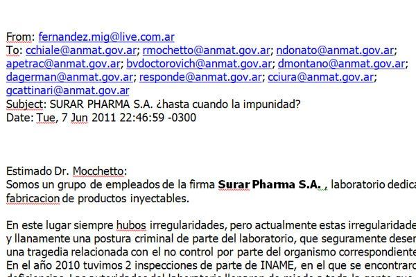 Fragmento del correo electrónico sobre Surar Pharma.