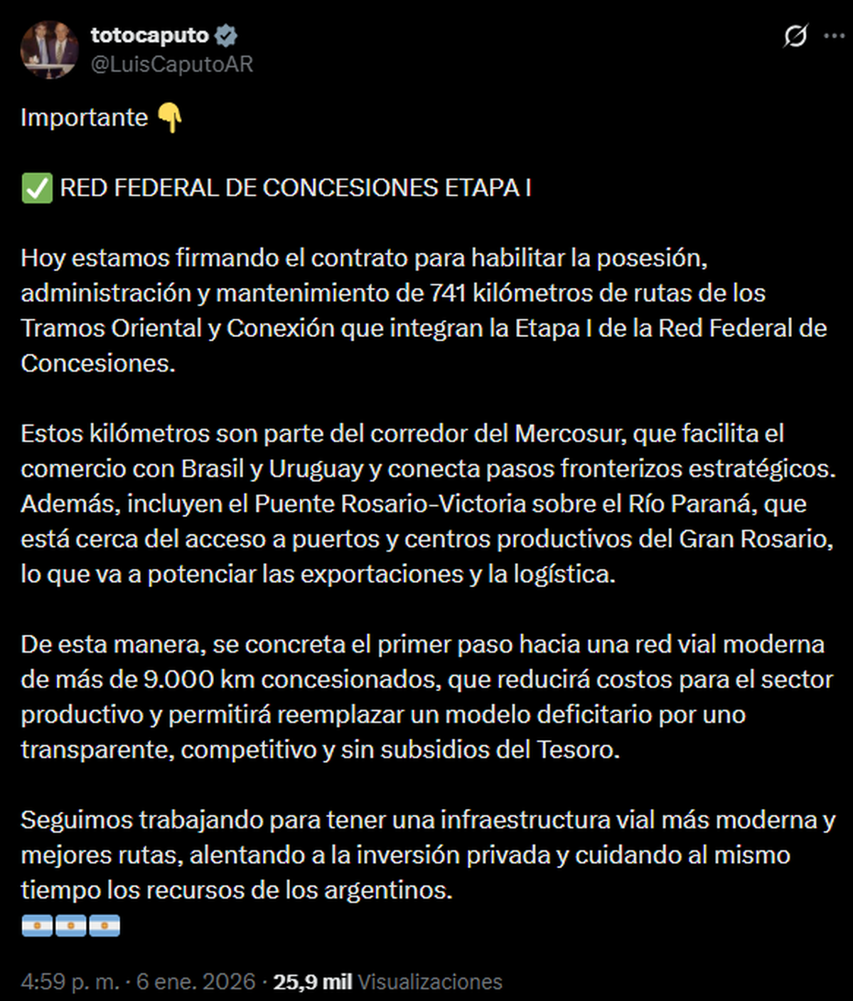El miinistro Luis Caputo celebró en un posteo el anuncio de la Etapa I de las concesiones viales. El miinistro Luis Caputo celebró en un posteo el anuncio de la Etapa I de las concesiones viales.