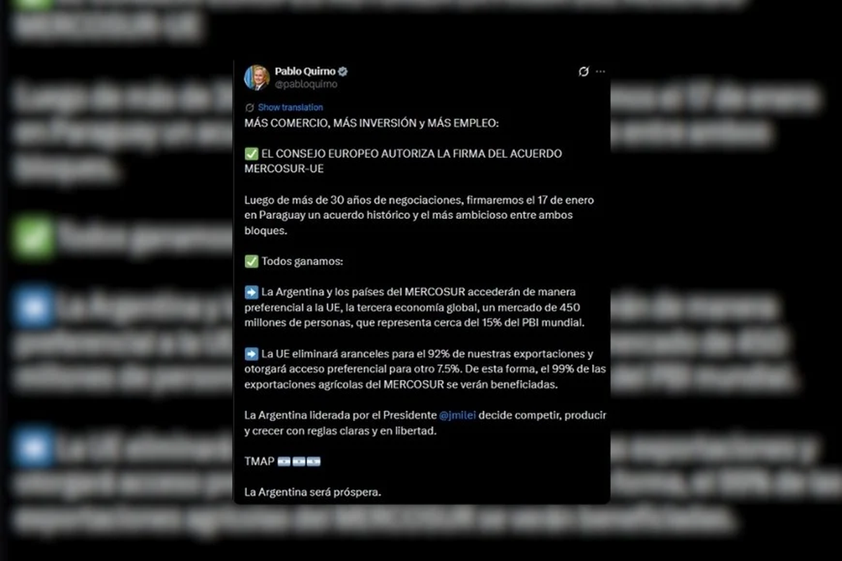 Pablo Quirno celebró el convenio y destacó el rol de la Argentina en el bloque. Pablo Quirno celebró el convenio y destacó el rol de la Argentina en el bloque. 