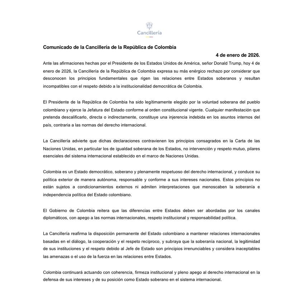El comunicado de la Cancillería de Colombia. El comunicado de la Cancillería de Colombia.