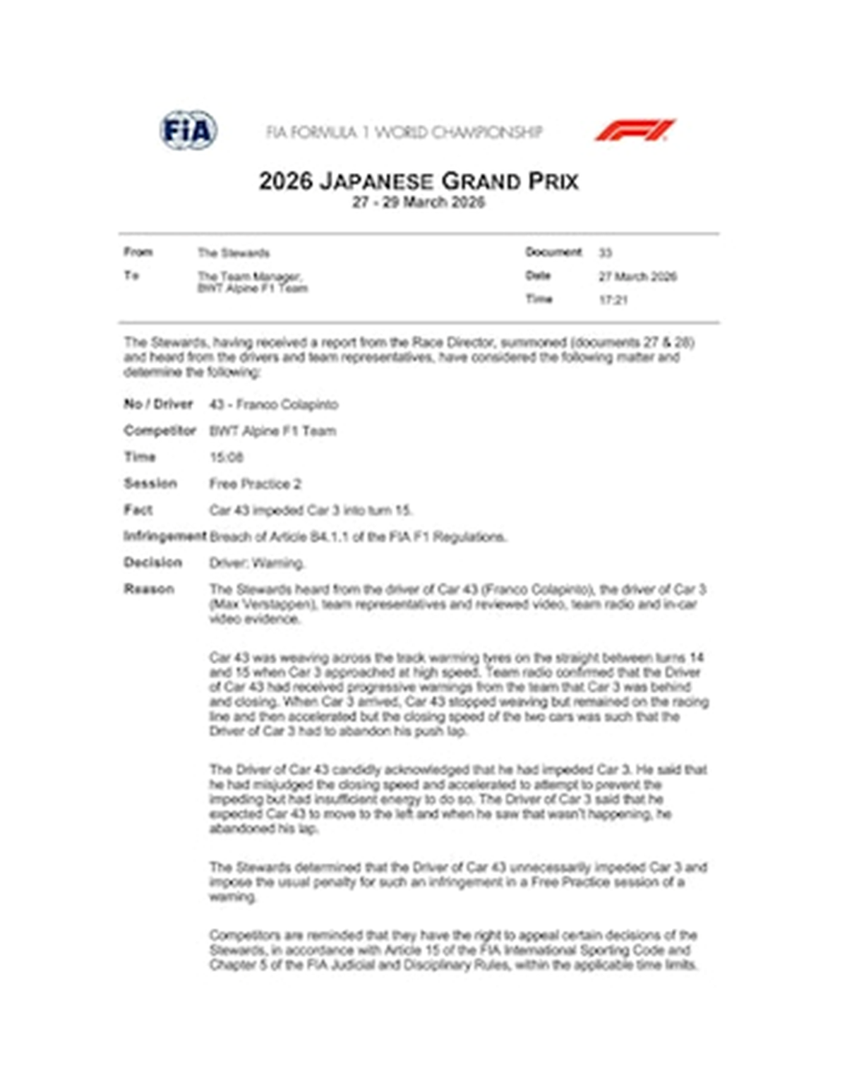 Franco Colapinto fue advertido por una maniobra realizada delante de Max Verstappen Franco Colapinto fue advertido por una maniobra realizada delante de Max Verstappen