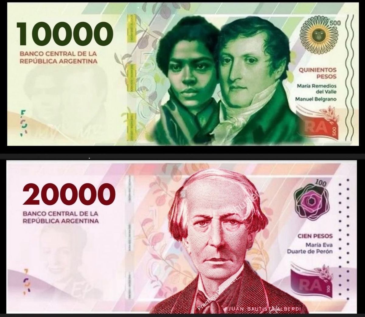 Los billetes emitidos por el BCRA de $ 10.000 contará con María Remedios del Valle y Manuel Belgrano y el de $ 20.000 tendrá al prócer Juan Bautista Alberdi, inspirador de la Constitución Nacional de 1853
