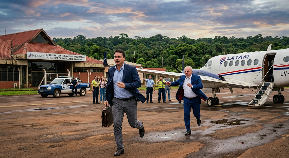 Imagen creada con IA de Fl&aacute;vio Bolsonaro fug&aacute;ndose de Lula.