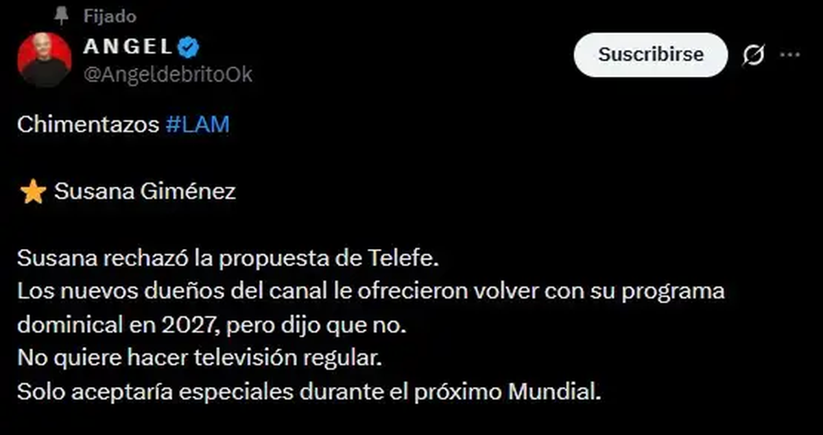 Susana Giménez rechazó volver con un ciclo regular en Telefe y solo evalúa especiales para el Mundial. El canal la relegó detrás de Iván de Pineda y Verónica Lozano, y eso detonó su malestar. Susana Giménez rechazó volver con un ciclo regular en Telefe y solo evalúa especiales para el Mundial. El canal la relegó detrás de Iván de Pineda y Verónica Lozano, y eso detonó su malestar.