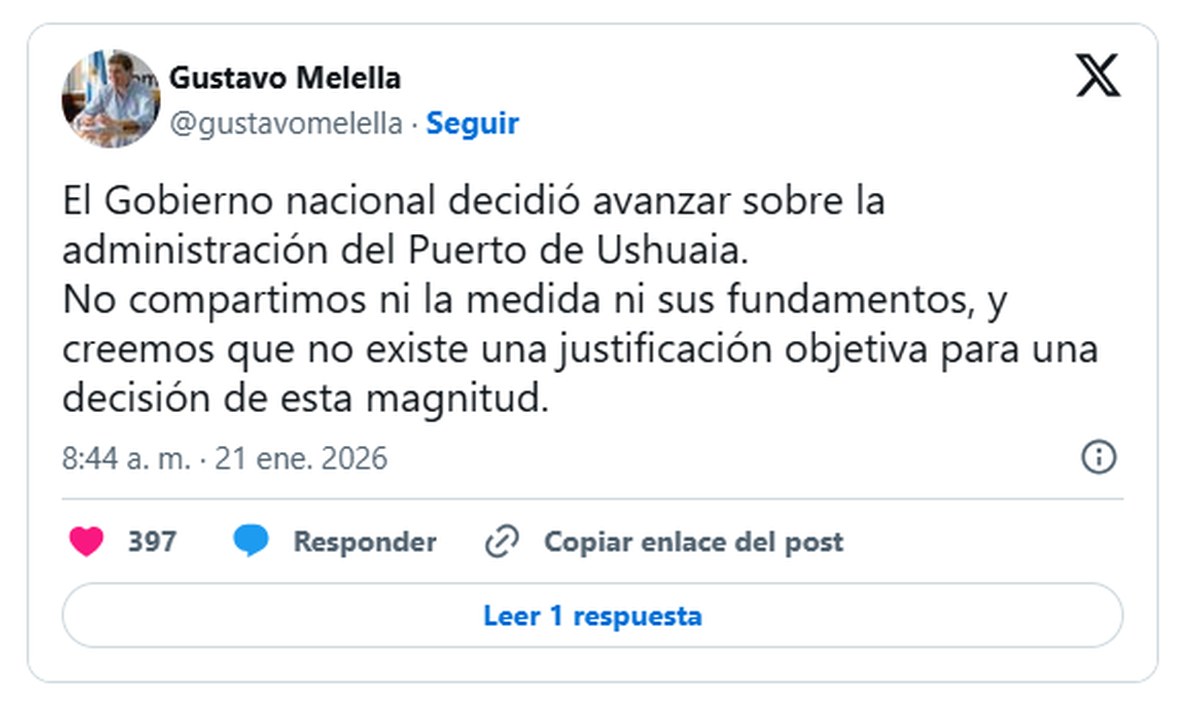 El gobernador Gustavo Melella rechazó la intervención del puerto de Ushuaia y dijo que hablaría con el gobierno nacional. El gobernador Gustavo Melella rechazó la intervención del puerto de Ushuaia y dijo que hablaría con el gobierno nacional.