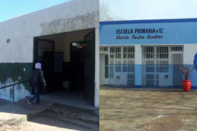 La escuela durante las obras y una vez finalizadas, con logo oficial y todo. Foto: cfkargentina.com