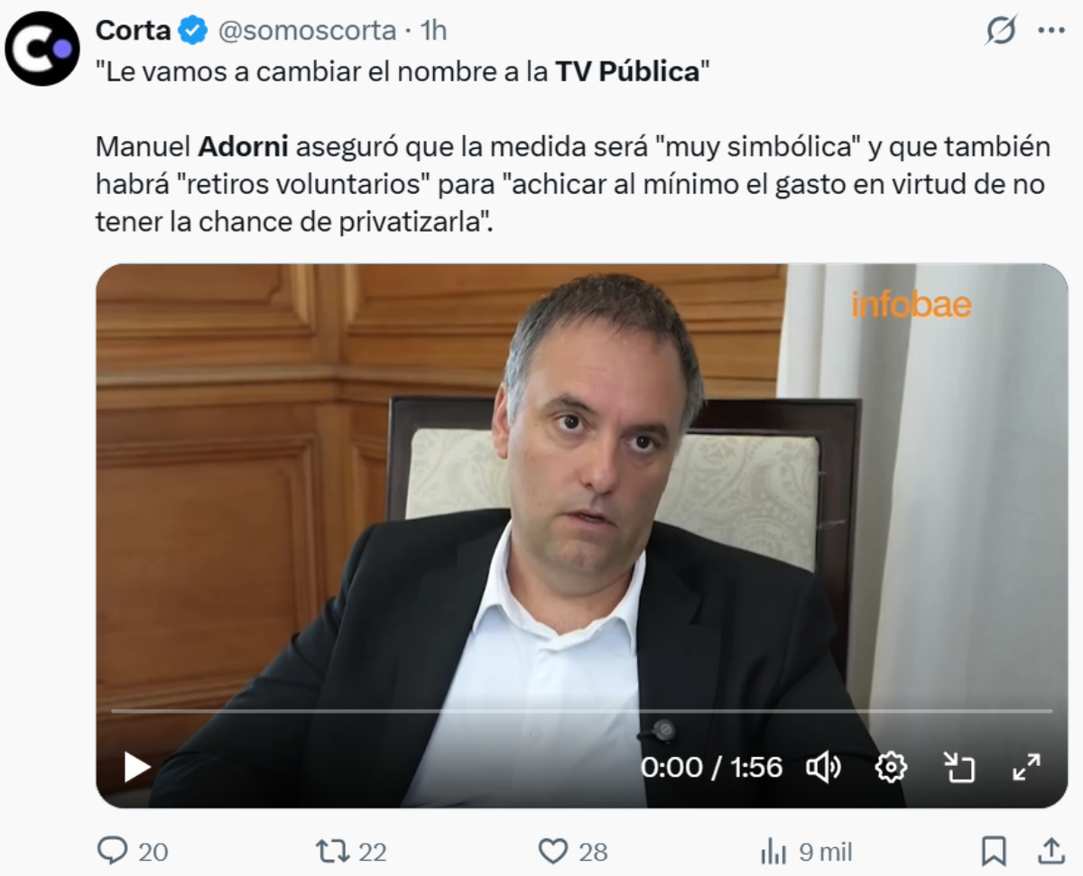 Manuel Adorni confirmó el cambio del nombre de la TV Pública. Manuel Adorni confirmó el cambio del nombre de la TV Pública.