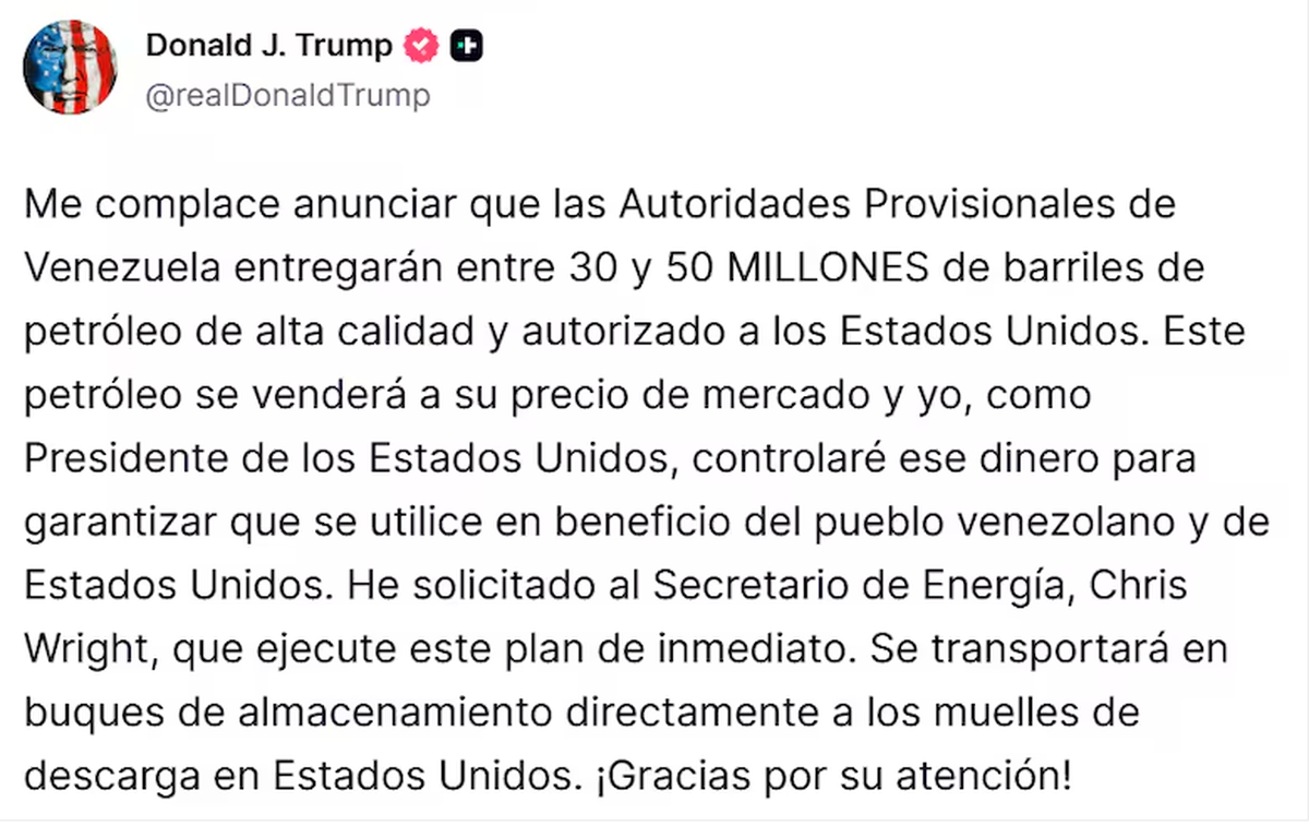 El mensaje que compartió Trump en Truth Social. Indicó, además, que estas acciones buscan recuperar bienes que, según dijo, fueron robados. El mensaje que compartió Trump en Truth Social. Indicó, además, que estas acciones buscan recuperar bienes que, según dijo, fueron robados.