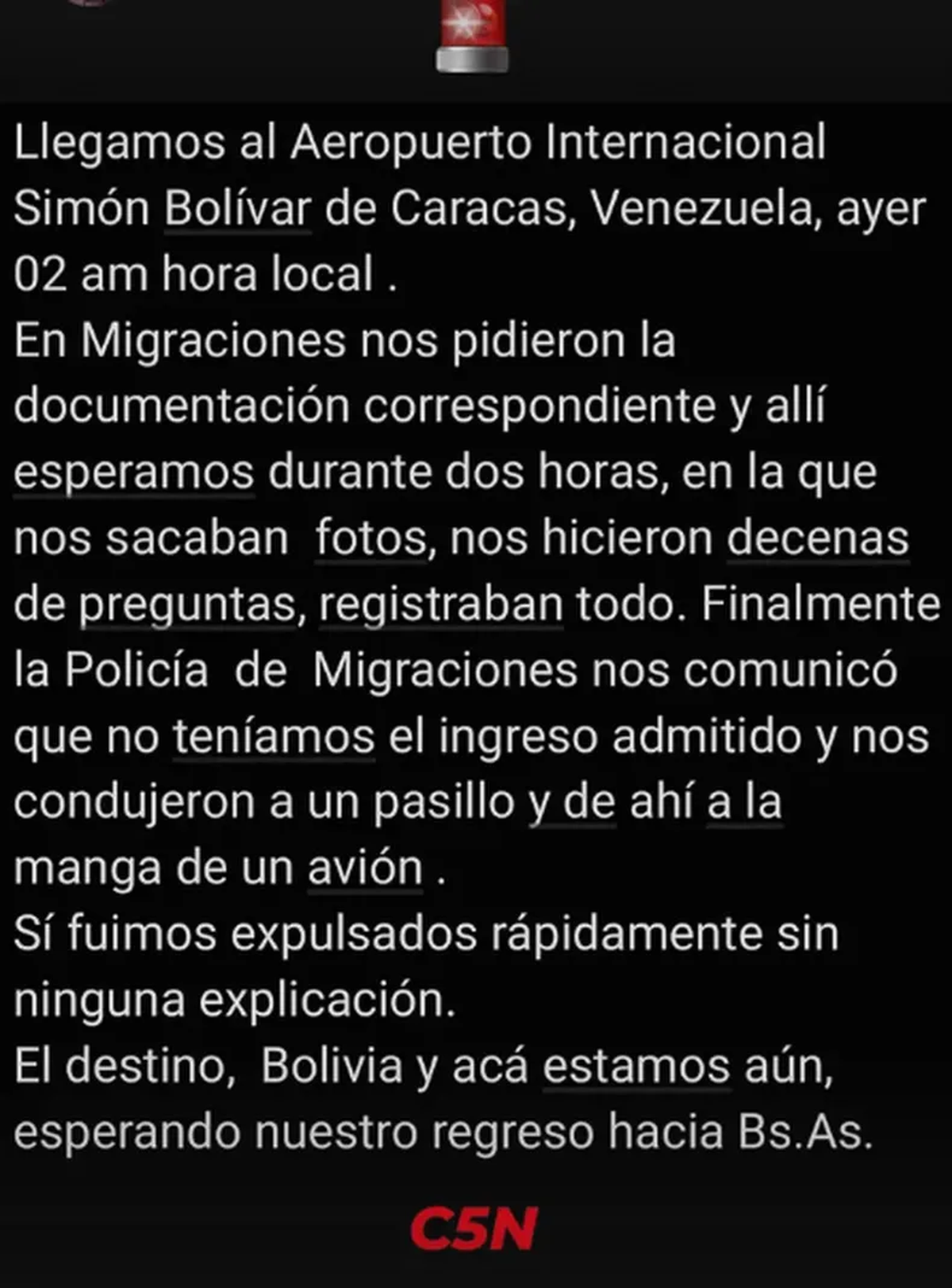 El equipo de C5N fue retenido y expulsado de Venezuela sin explicaciones, mientras Michelo acusó al canal de usar imágenes de Bolivia para manipular la información. El equipo de C5N fue retenido y expulsado de Venezuela sin explicaciones, mientras Michelo acusó al canal de usar imágenes de Bolivia para manipular la información.