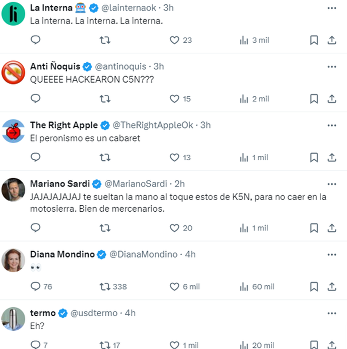 Algunos de los comentarios en la publicación de la cuenta de C5N, entre ellos el de la Canciller Diana Mondino. Algunos de los comentarios en la publicación de la cuenta de C5N, entre ellos el de la Canciller Diana Mondino. 