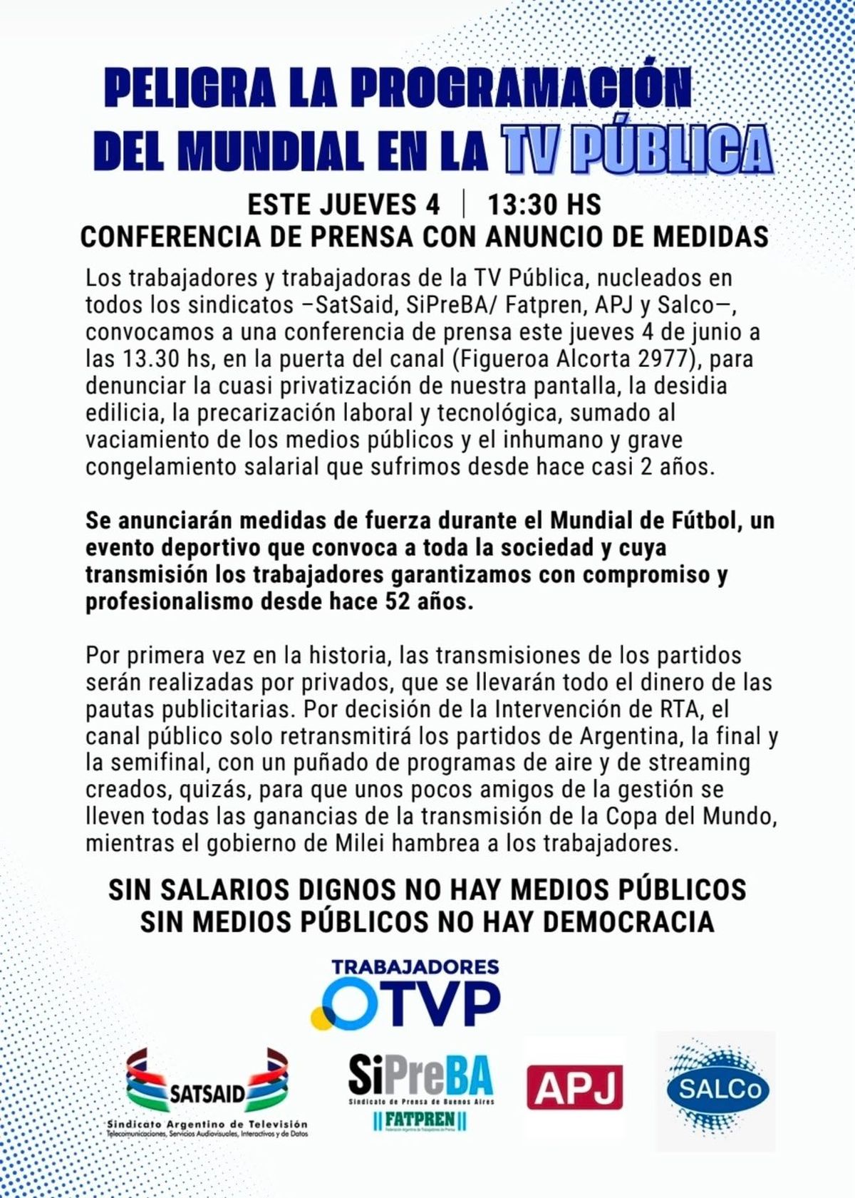 Comunicado de los trabajadores de la TV Pública Comunicado de los trabajadores de la TV Pública