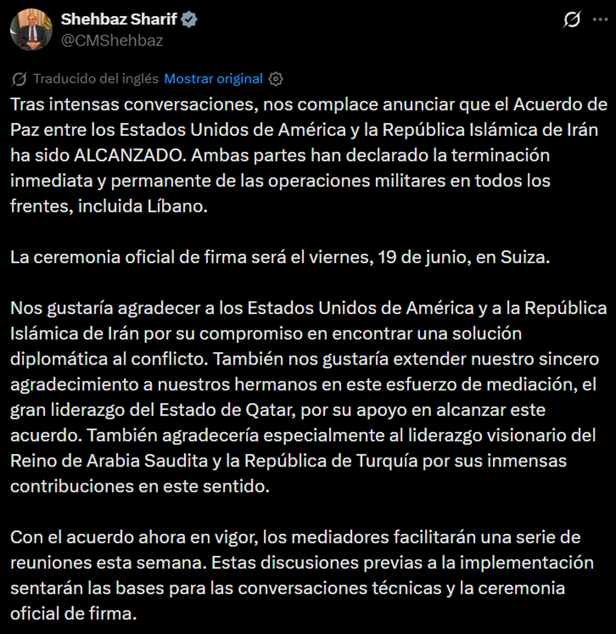 Posteo en X de Shehbaz Sharif, primer ministro de Pakistán. Fuente: X. Posteo en X de Shehbaz Sharif, primer ministro de Pakistán. Fuente: X.