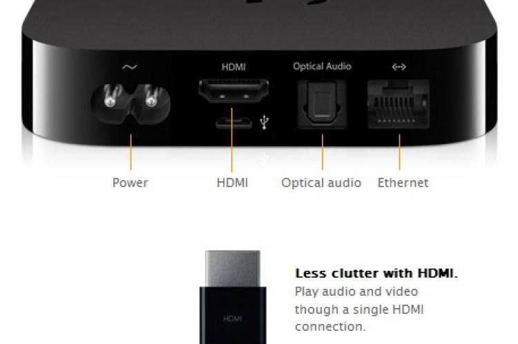 El Apple TV también se basa en el procesador A4, incluye conexiones HDMI, USB, Ethernet y WiFi para conectarlo a un PC o Mac, incluye un control remoto (Apple Remote) de aluminio con site botones, pero igualmente puede ser controlado vía iPhone, iPod Touc