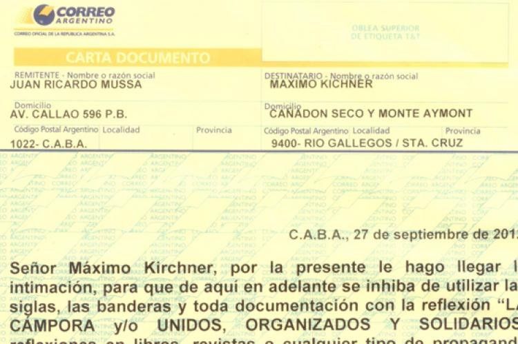 La carta documento que recibió el hijo de la Presidente. (Foto: OPI Santa Cruz).