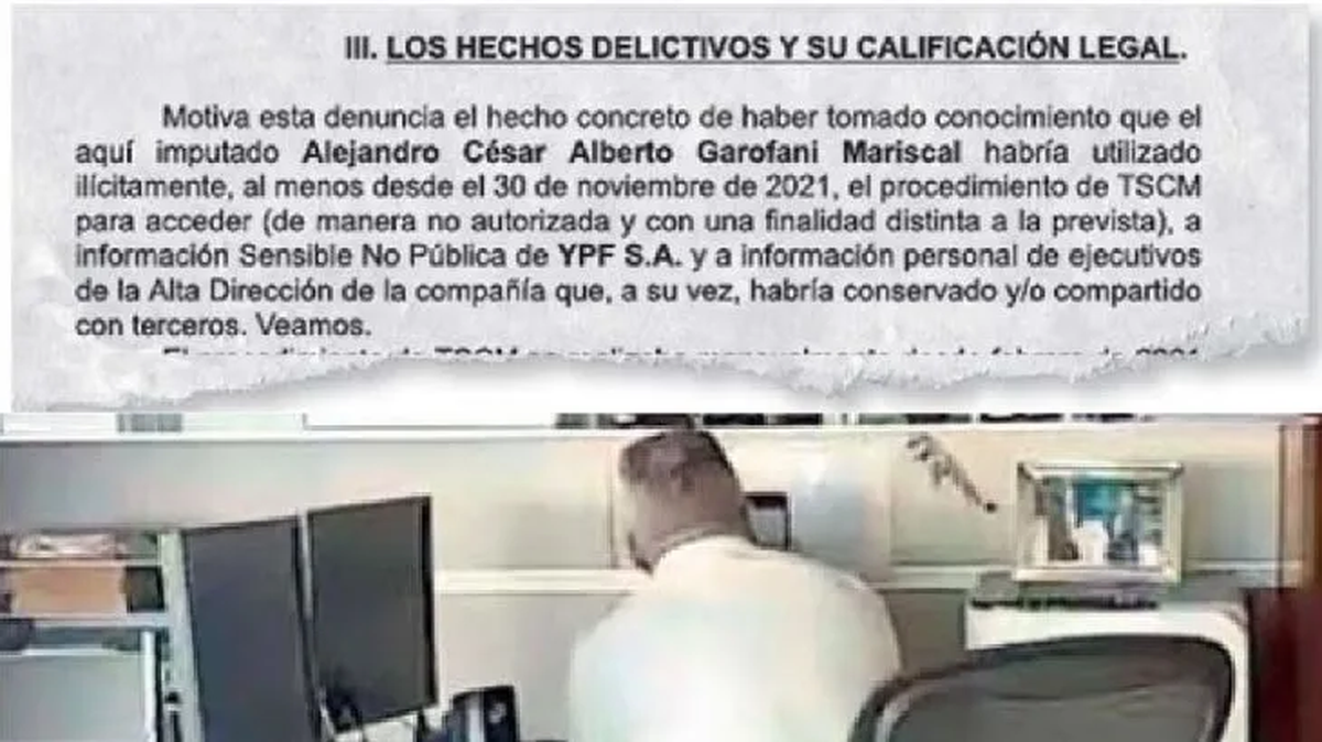 Facsímil de la denuncia del presidente de YPF y la imagen de Garofani tomando una una foto de otra en la oficina de Pablo González. 