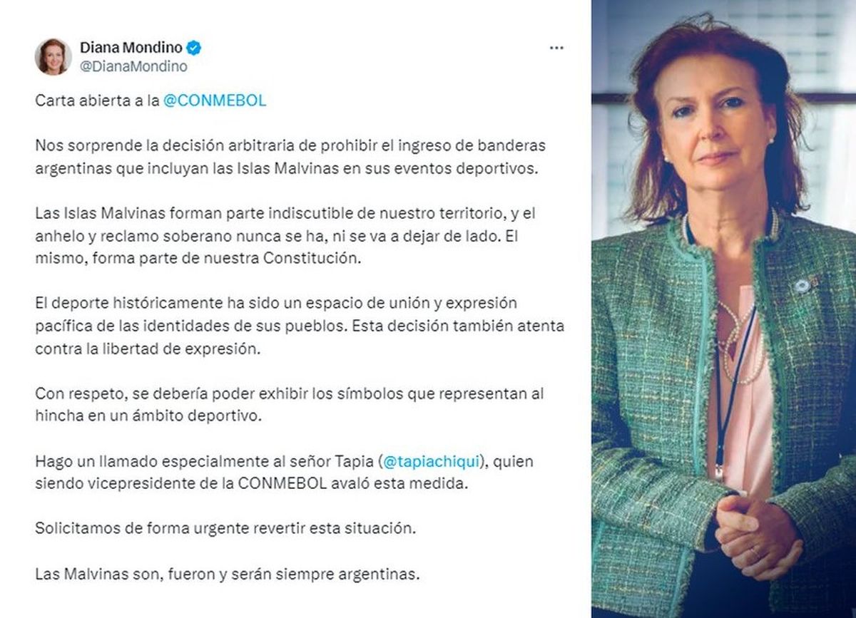 La carta de Diana Mondino a Conmebol y "Chiqui" Tapia. La carta de Diana Mondino a Conmebol y "Chiqui" Tapia.